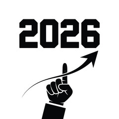 Hand pointing upwards towards the year 2026 with an upward trending arrow