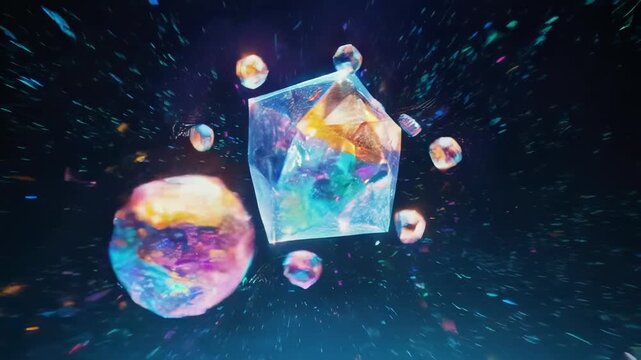 Abstract Geometric Crystals Floating Through Cosmic Nebula Dark Background Vibrant Light Streaks