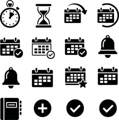 Collection of Business and Time Management Icons Stopwatch Hourglass Calendar Bell Plus Sign and Checklist