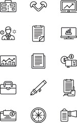 Collection of business icons representing important aspects of professional life and corporate activities, diverse symbols