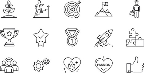 Collection of Business Growth Icons Representing Success Achievement Goals Teamwork and Startup Launch