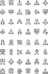 Collection of Business Management Icons Illustrating Teamwork, Hierarchy, Presentations, and Productivity Concepts