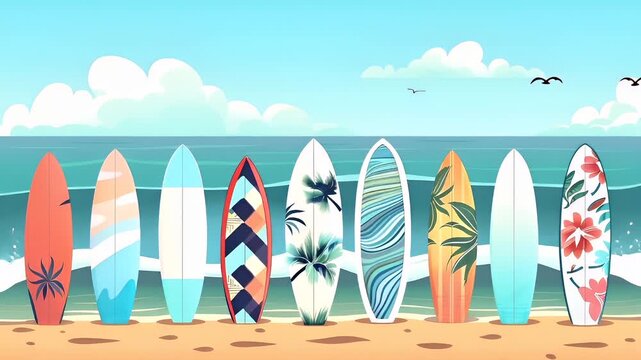 A vibrant illustration of a row of surfboards on a sandy beach, with a clear blue sky and fluffy white clouds in the background. The surfboards are painted in a variety of colors, including red.