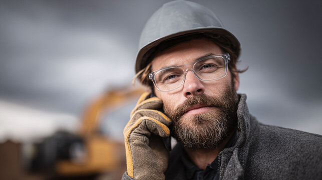 Bearded construction worker wearing a hard hat and gloves, talking on a phone against a dramatic sky. Concept for progress, industry, and skilled labor.