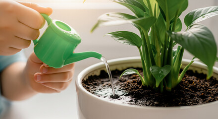 Childs hands watering a green houseplant with a small watering can close up home gardening and care routine