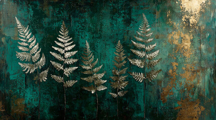 Teal distressed background with metallic fern leaves, elegant botanical wall art, serene