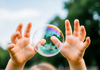 A childs hands gently touching a big iridescent soap bubble against a blue sky background summer fun and joy