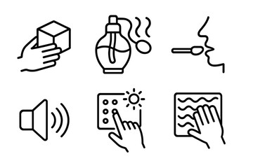 Sensory Brain Training Icons. Line style icons of sensory integration in brain training: touch cube, scent stimulation bottle,