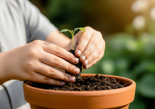 Close up of a small childs hands planting a green sprout in a pot with soil gardening education nature concept