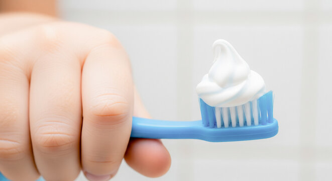 Close up of a childs hand holding a blue toothbrush with white toothpaste ready for brushing teeth morning routine hygiene - Powered by Adobe
