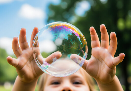 A childs hands gently touching a big iridescent soap bubble against a blue sky background summer fun and joy