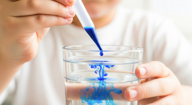 Childs hands dropping blue liquid color into a glass of clear water with a pipette science experiment at home