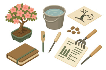 Bonsai Gardening Essentials. Isometric vector illustration set of Bonsai gardening: flowering azalea bonsai, root wash bucket,