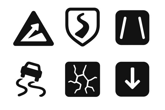 Terrain Challenge Icons. Solid style icons of terrain challenges: uphill backward path icon, reverse trail badge, inverted road