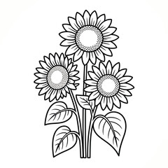 Line art illustration of three sunflowers with leaves