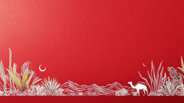 Desert landscape with hand drawn plants moon and camel on red background