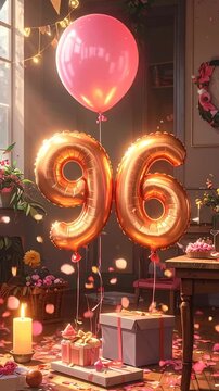 Celebrating a 96th birthday with gold number balloons, gifts, flowers, confetti, and a pink balloon