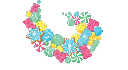 A vibrant swirl of assorted candies, including gummy bears, lollipops, and star-shaped cookies, creates a colorful and playful design on a white backdrop.