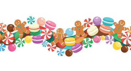 A festive illustration depicts a colorful array of candies, gingerbread men, and macarons, perfect for holiday-themed designs and cheerful celebrations.