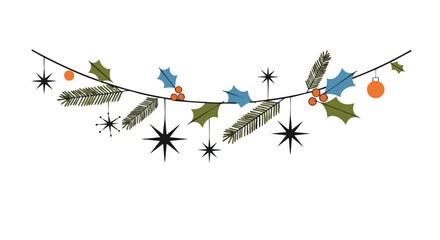 A festive illustration of a Christmas garland featuring stars, holly, and ornaments, perfect for holiday-themed designs and celebrations.
