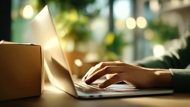 Faceless hands only moment unboxing a new laptop on a clean table paper pull tab mid action brandless packaging warm daylight studio backdrop defocused ample top margin