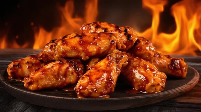 Barbecue Glazed Chicken Wings on a Dark Wooden Platter