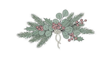 An elegant illustration of a festive Christmas arrangement featuring evergreen branches, berries, and eucalyptus leaves, perfect for holiday designs.