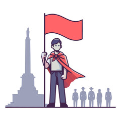 Flat Illustration of Man Holding Red Flag with Obelisk and People Silhouettes