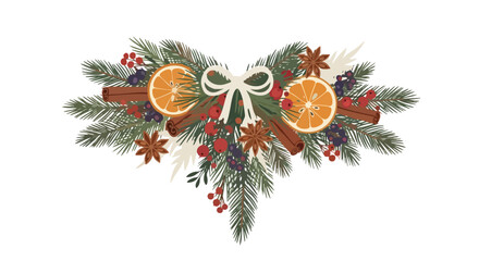 A festive illustration showcases a charming Christmas arrangement, featuring pine branches, dried oranges, cinnamon sticks, and a delicate white bow, all on a clean white background.
