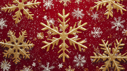Golden snowflake ornament glitter holiday sparkle on red festive background