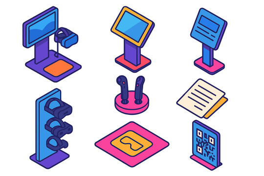 VR Gaming Setup. Isometric vector illustration set VR gaming setup – virtual reality demo station, info kiosk, touchscreen panel;