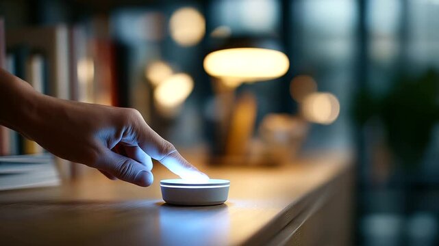 Faceless macro of a finger toggling a brandless smart switch on a desk lamp bookshelf defocused soft warm glow open area for CTA faceless lighting smart switch defocused she