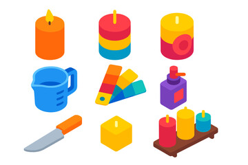 Colorful Candle Crafting. Isometric vector illustration set Candle making – scented pillar candle, layered color blocks, embed