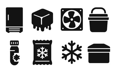 Cold Storage Icons. Solid style icons of Cold Storage: freezer unit, ice block, cooling fan, thermal container, frozen vial, cold