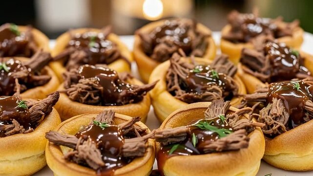 A visually appealing close-up shot features a delightful arrangement of individual savory pastry cups, each meticulously filled with tender, shredded meat. A generous drizzle of rich, glossy brown gra