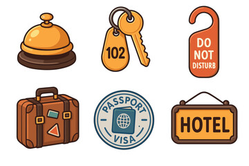 Travel essentials for a hotel stay and vacation planning. Set of 6 vector illustration