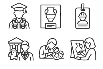 Archaeology Career Icons. Line style icons of career paths in archaeology: graduate in field gear, museum curator symbol, site