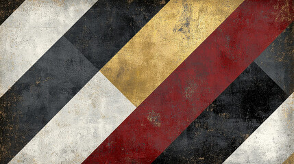 Worn diagonal geometric pattern with red gold black and white stripes, gritty texture, moody