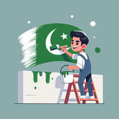 Flat Illustration of Person Painting Crescent Moon and Star Pakistan Flag on Wall in Shades of Green