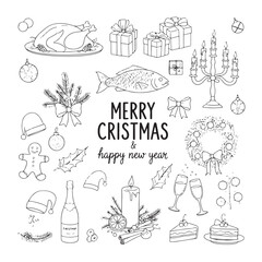 Vintage Christmas Dinner Vector – Hand-Drawn Ink Doodle Table, Food & Holiday Menu Elements
