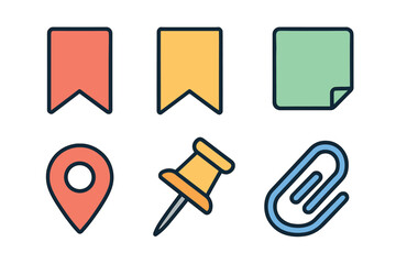 Colorful stationery items for organizing tasks and notes. Set of 6 vector illustration