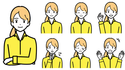 A set of illustrations of various expressions of a young woman's upper body. 