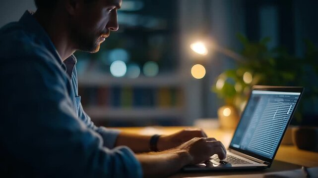 Faceless over shoulder view of a person editing a slide deck on a laptop gridlines visible brand safe placeholders desk lamp glow background bookshelf and plant defocused comp