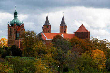 Plock Cathedral in autumn landscape. Plock, Poland