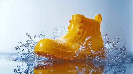 Yellow rubber rain boot splashing in water with energetic motion and reflection
