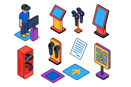 VR Gaming Setup. Isometric vector illustration set VR gaming setup – virtual reality demo station, info kiosk, touchscreen panel;