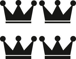 Four identical black crown silhouettes with three points and circular tops, arranged graphically on a clean white background.
