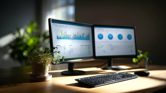 Faceless overhead of dual monitors with blank brand safe dashboards keyboard centered small plant shadow defocused on wall composition weighted right for headline on left