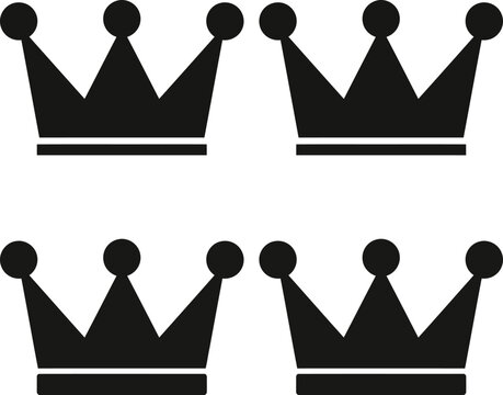 Four identical black crown silhouettes with three points and circular tops, arranged graphically on a clean white background.