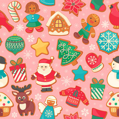 Naklejka premium Cute Christmas sugar cookie seamless pattern on pink background. Gingerbread house, man, santa claus holiday sweet food cartoon repeat design. Festive vector illustration for wrapping paper or fabric.